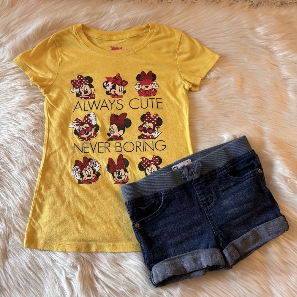 Minnie Mouse Kids NEVER CUTE NEVER BORING T-Shirt, Toddler Girl  Denim Shorts
